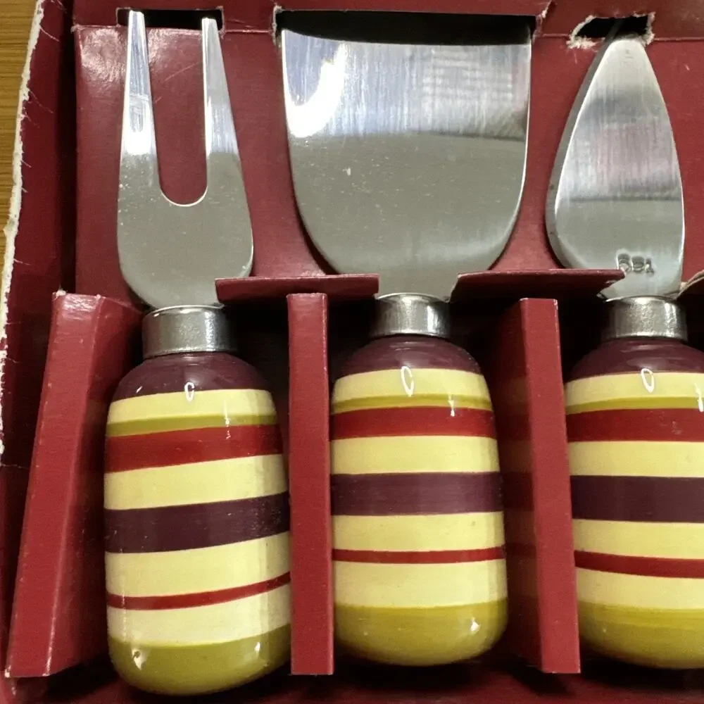 Vintage Tag Cheese Knife Set 4 Pc Retro Yellow Cream Striped Charcuterie Board